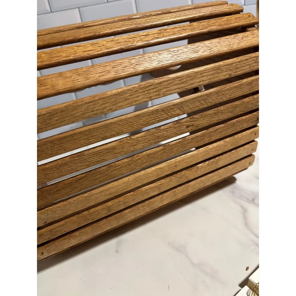 Vintage Oak Wood Slatted Basket Heart Cutouts Spindle Handle Farmhouse Cottage